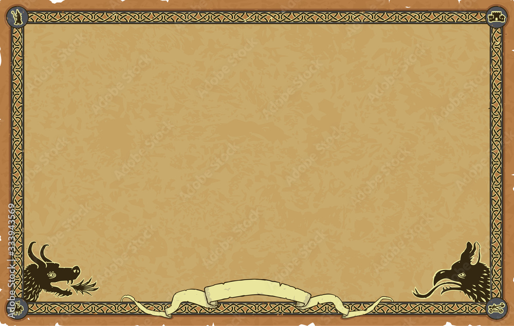 Easily editable rectangular vector medieval map frame on a parchment paper. Includes knots, various icons (magician, catapult, castle, mounted knight), a dragon head, a chimera head and a banner.