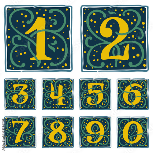 Renaissance numbers set with gold dots and green leaves pattern.