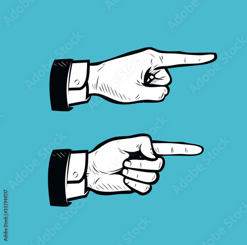 Hand pointing finger sign. Business vintage vector illustration