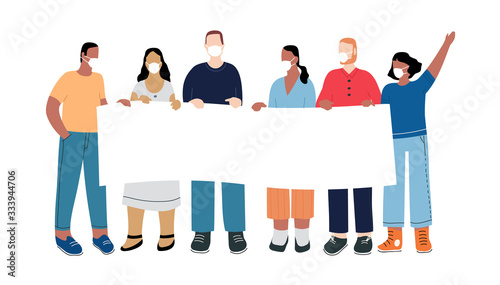 A group of people protest with a transparency against unemployment caused by the epidemic of the coronavirus COVID-19. Illustration in a flat style.