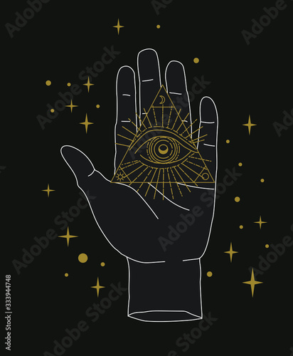 The Hand of the Philosopher, Palm with The Eye of Providence. Vector illustration for tattoo design or fashion print in simple line art style.