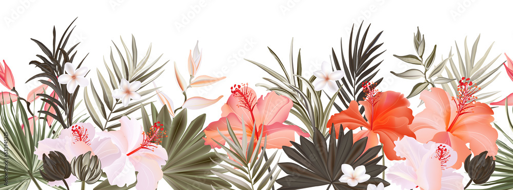 Hibiscus botanic seamless horisontal border banner,  exotic flowers and leaves, vector hand drawn background. Floral realistic pattern, summer arrangements with tropical leaf nature.. - obrazy, fototapety, plakaty 