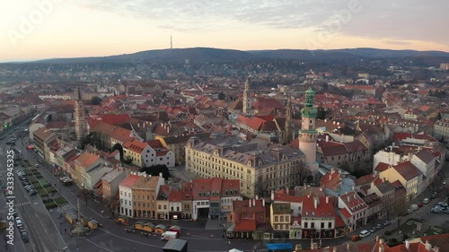 Aerial video of medieval Sopron with fire tower