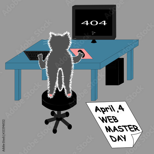Web Master's Day greeting card. Cat is standing on it's toes and looking at the computer monitor. There is 404 error on it - File Not Found. 