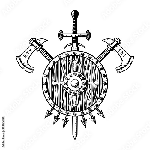 Vector illustration of a medieval ink coat of arms isolated on white. Includes a sword, axes, a wooden shield and arrows. Can represent the Middle Ages, an adventure, a quest, medieval weapons, Norse 