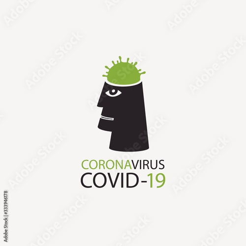 Vector icon with viral cell in the human head and words Coronavirus, COVID-19. Global pandemic 2019-nCoV alert. Concept poster for prevention of Corona Virus.