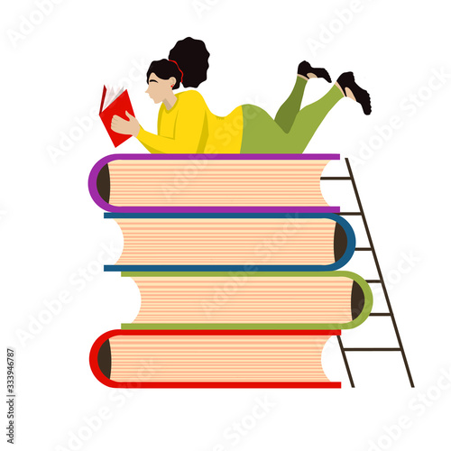 xCartoon vector illustration of Book festival. Student reading, learning and sitting on big books. Study in library. Literature fans or lovers, student, education concept, fair. Cute woman