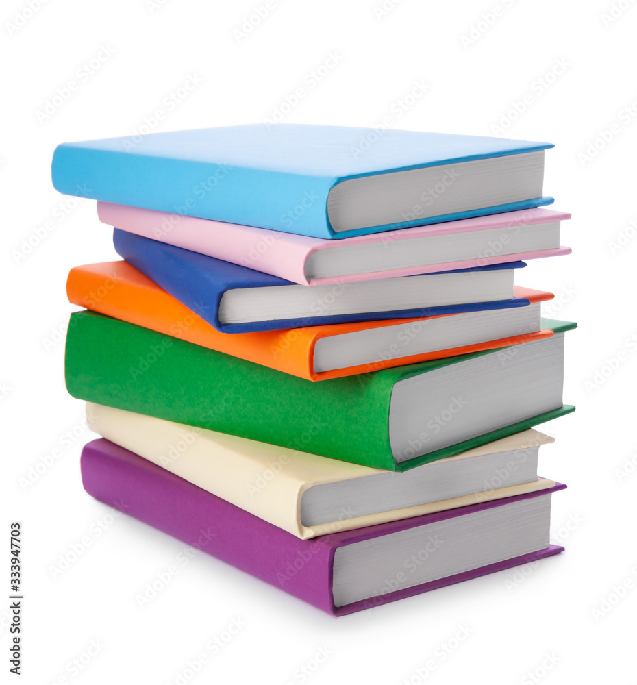 Stack of colorful books isolated on white background. Collection of different books. Hardback books for reading. Back to school and education learning concept Stack of colorful books isolated on white background. Collection of different books. Hardback books for reading. Back to school and education learning concept