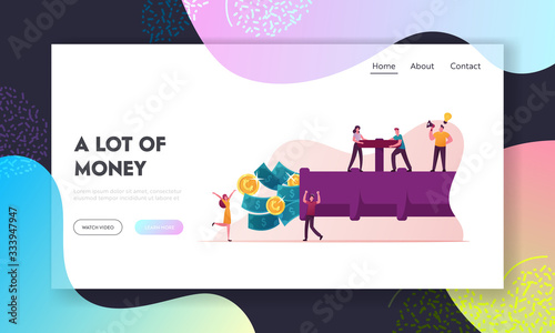 Money Flow Landing Page Template. Tiny Characters Open Pipe with Dollar Bills and Golden Coins Streaming Out. People Create Finance Capital, Wealth and Investment. Cartoon People Vector Illustration