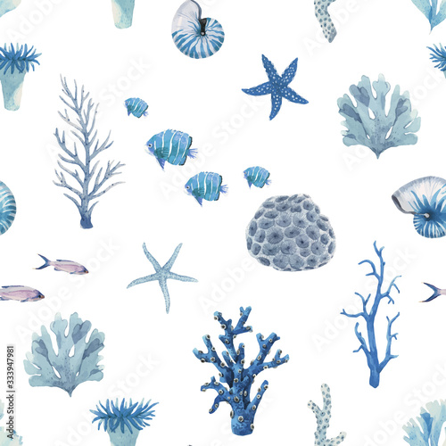Beautiful vector seamless pattern with underwater watercolor sea life. Stock illustration.