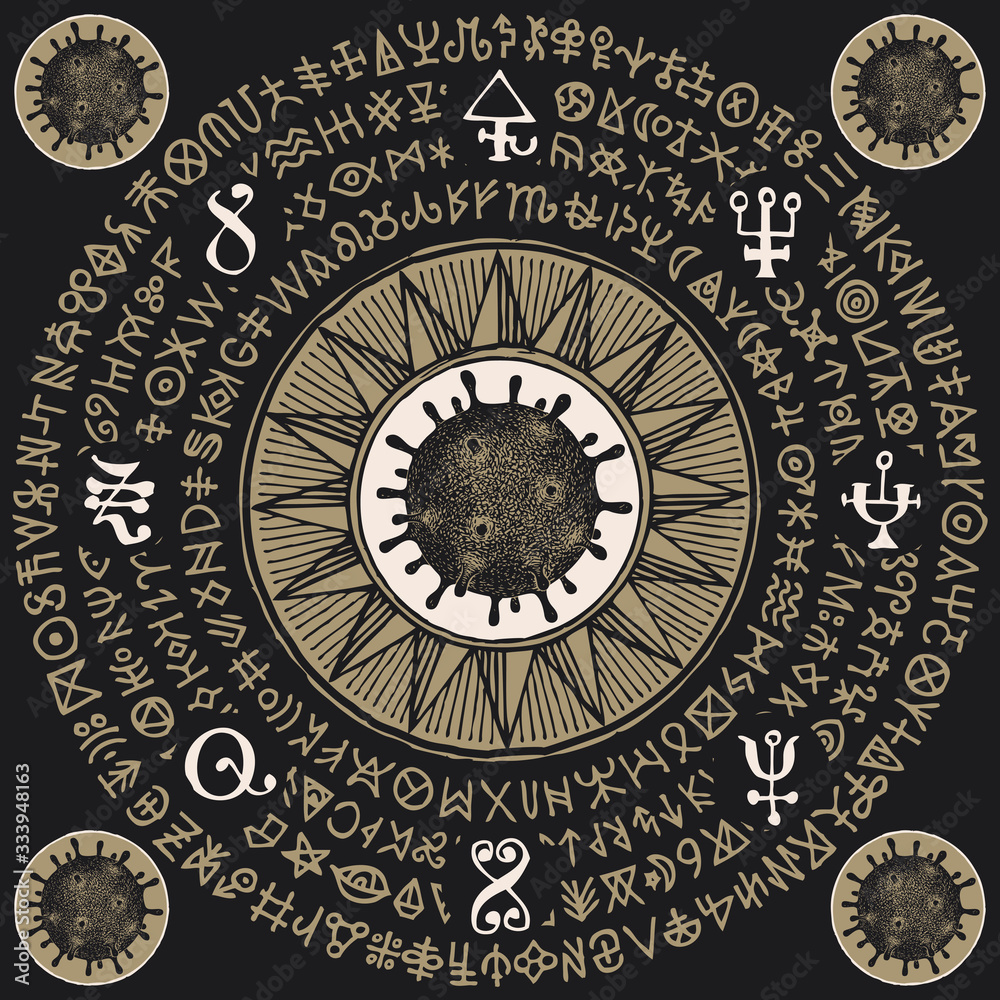 Vector magic banner with coronavirus cells and runes on the black background. A hand-drawn mandala with hazardous COVID-19 virions and doodles that imitate magic symbols but do not give information Vector magic banner with coronavirus cells and runes on the black background. A hand-drawn mandala with hazardous COVID-19 virions and doodles that imitate magic symbols but do not give information