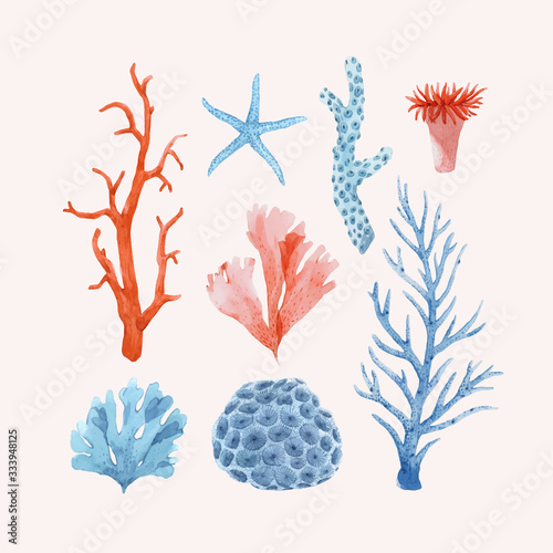 Beautiful vector set with underwater watercolor sea life stock illustrations.