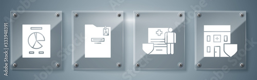 Set Medical hospital building with shield, Medical clipboard with clinical record, Personal folder and Document with graph chart. Square glass panels. Vector