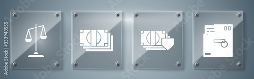 Set Ordered envelope, Money with shield, Stacks paper money cash and Scales of justice. Square glass panels. Vector