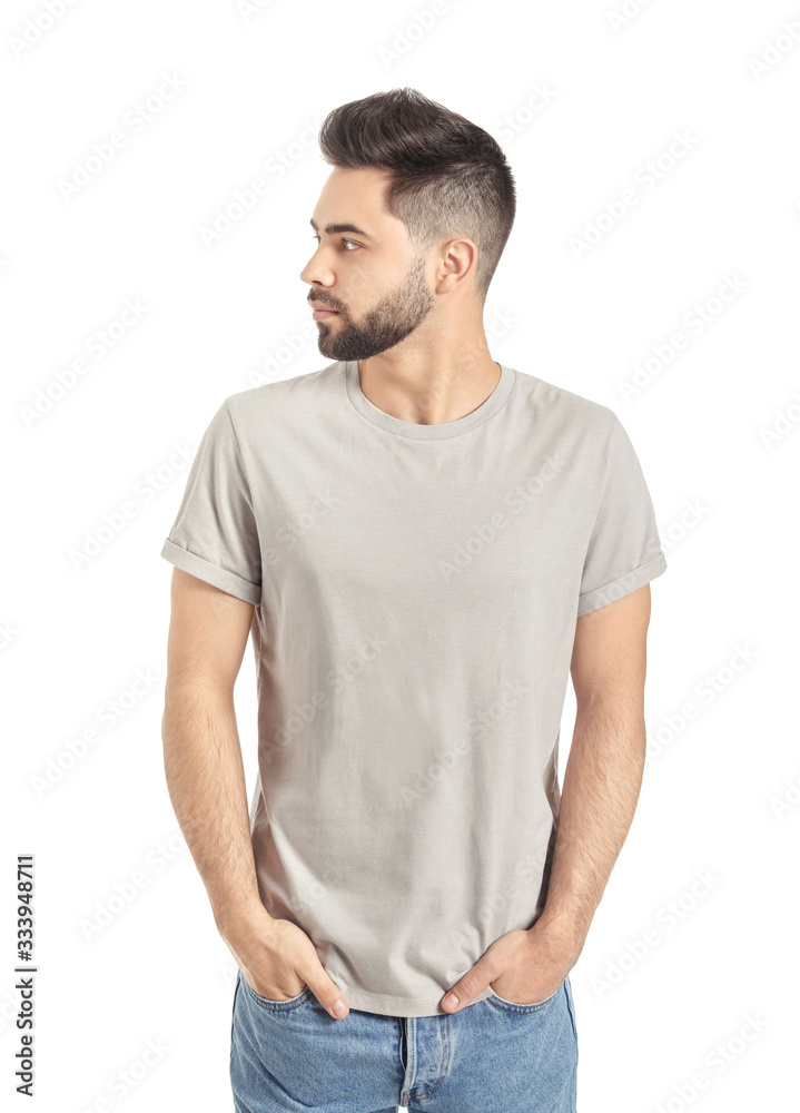 Obraz premium Handsome man with healthy hair on white background