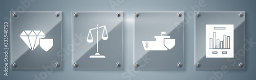 Set Document with graph chart, Ship with shield, Scales of justice and Diamond with shield. Square glass panels. Vector