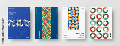 Business presentation vector A4 vertical orientation front page mock up set. Corporate report cover abstract geometric illustration design layout bundle. Company identity brochure template collection.