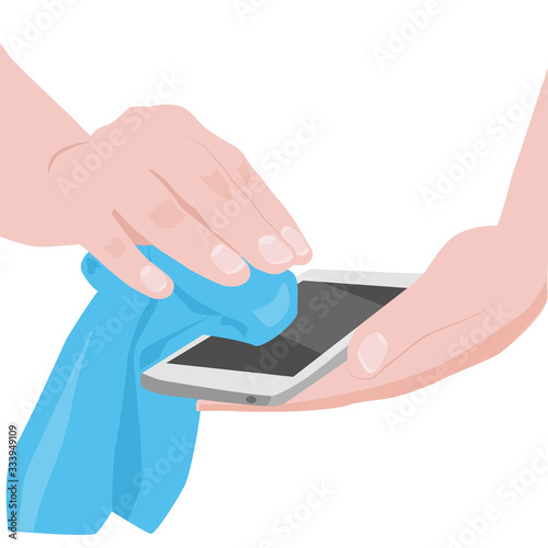 Hands wipe the surface of the smartphone. Disinfection of household appliances during a pandemic, the transmission of the virus via telephone, illustration