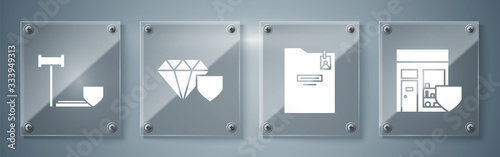 Set Shopping building with shield, Personal folder, Diamond with shield and Judge gavel with shield. Square glass panels. Vector