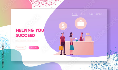 Male and Female Characters Buying Cheap Goods in Airport or Tax Free Area Landing Page Template. Happy People Standing at Counter Desk with Saleswoman in Duty Free Store. Cartoon Vector Illustration