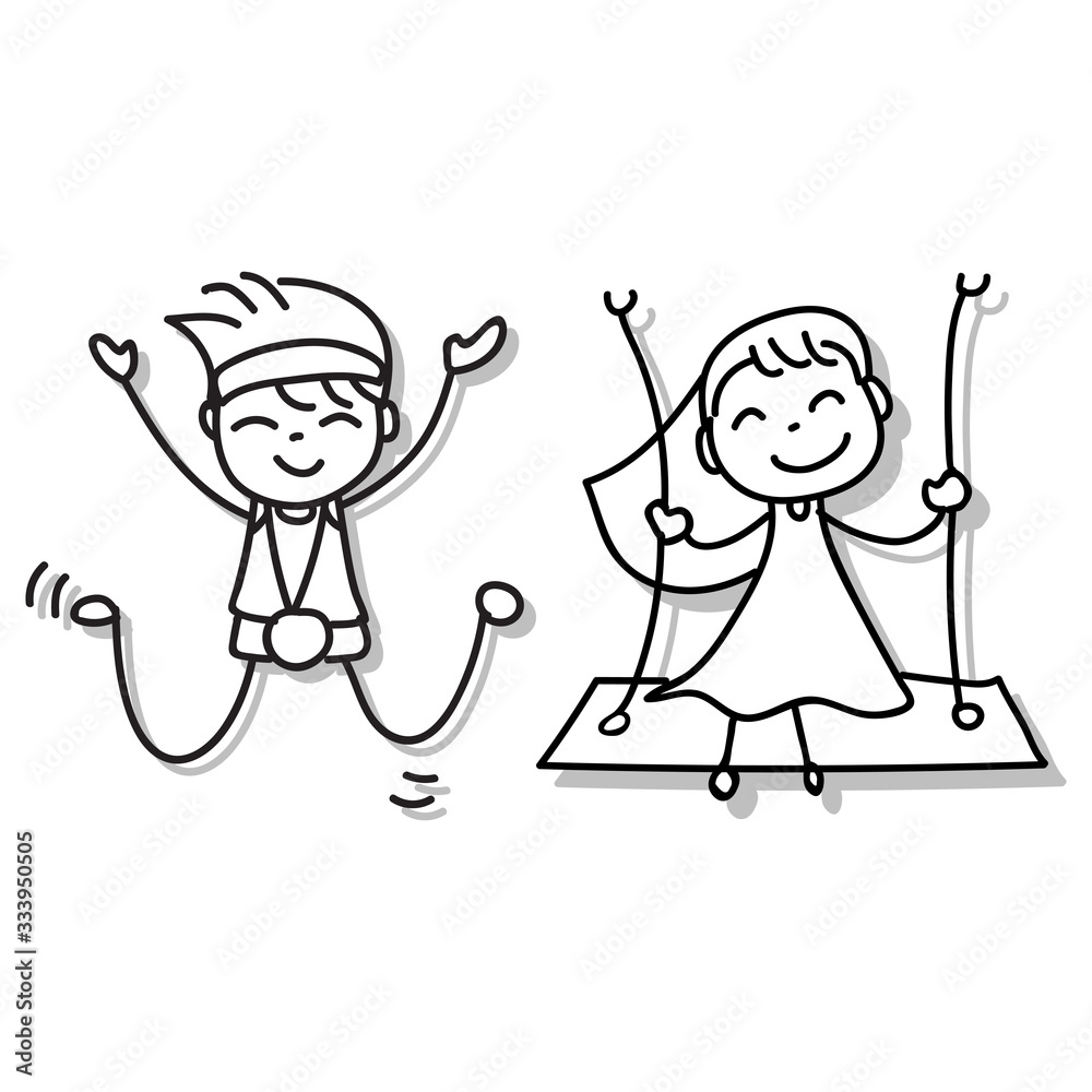 Hand drawing happy people. Happiness kids concept. Cartoon character lineart matchstick style vector. Hand drawing happy people. Happiness kids concept. Cartoon character lineart matchstick style vector.
