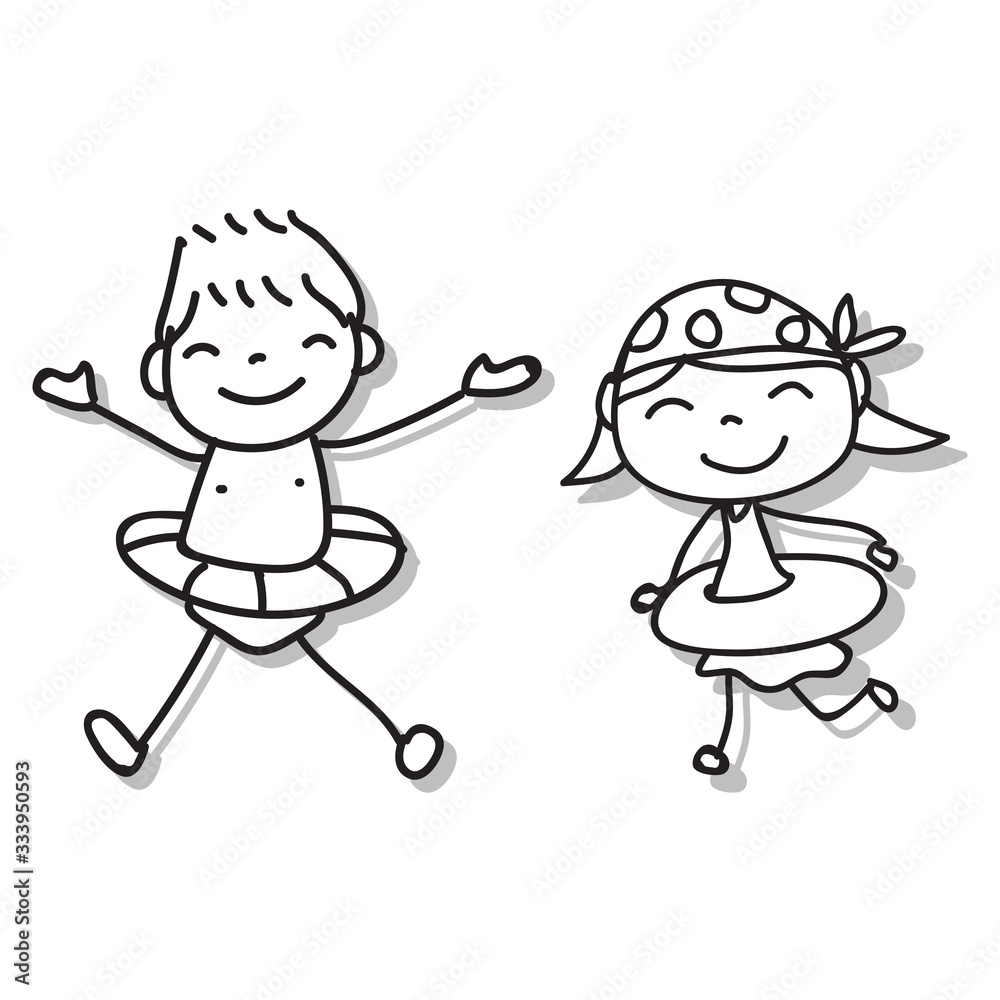 Hand drawing happy people. Happiness kids concept. Cartoon character lineart matchstick style vector.