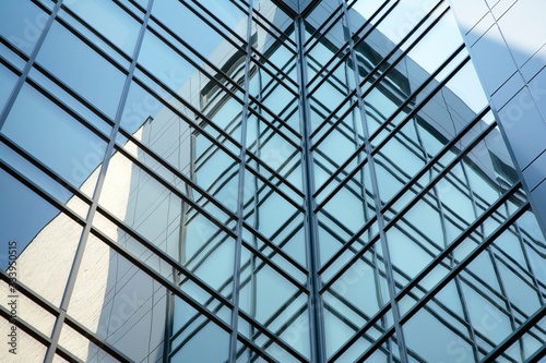 Abstract texture and blue glass facade in modern office building.  