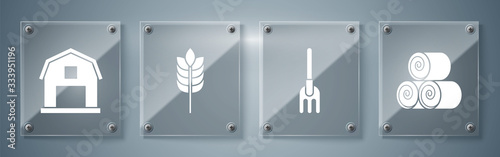 Set Roll of hay, Garden rake, Cereals with rice, wheat, corn, oats, rye and Farm House concept. Square glass panels. Vector