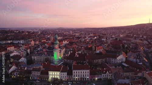 Aerial video of medieval Sopron with fire tower