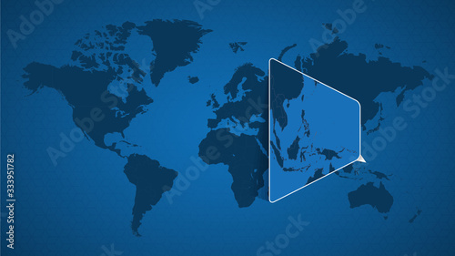 Detailed world map with pinned enlarged map of Palau and neighboring countries.
