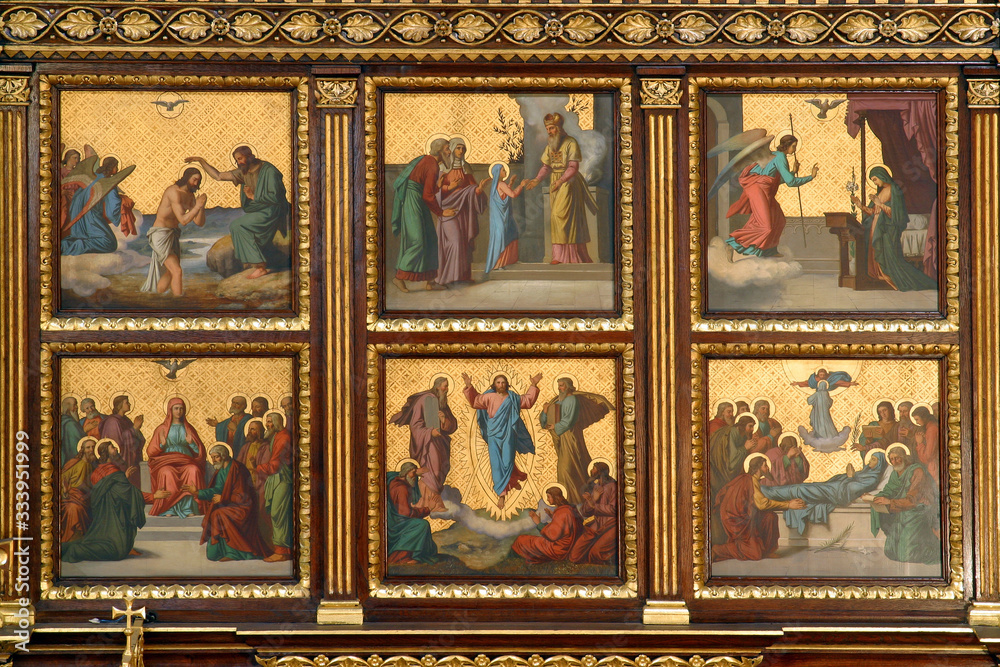 Scenes from the life of Mary and Jesus, detail of Iconostasis in Greek Catholic Co-cathedral of Saints Cyril and Methodius in Zagreb, Croatia