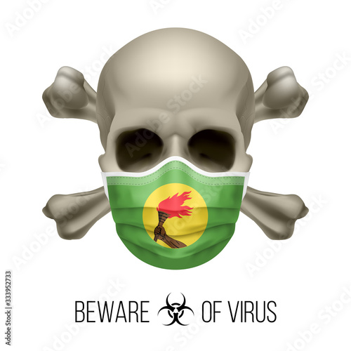 Human Skull with Crossbones and Surgical Mask in the Color of National Flag Zaire. Mask in Form of the Zairean Flag and Skull as Concept of Dire Warning that the Viral Disease Can be Fatal