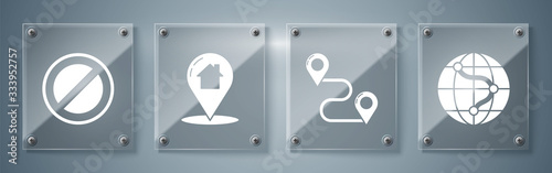 Set Location on the globe, Route location, Map pointer with house and Stop sign. Square glass panels. Vector