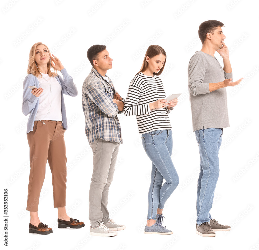 Young people waiting in line on white background Young people waiting in line on white background
