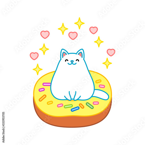 Cute cat and donut. Illustration of a sparkling white kitten sitting on a yellow glazed donut. Isolated objects. Vector 8 EPS.