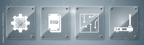 Set Router and wi-fi signal, Processor, SSD card and Processor. Square glass panels. Vector