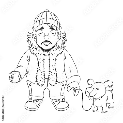 a man stands with a dog bound in the street and begs for money with cans because of the financial crisis Coloring book cartoon vector