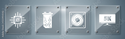 Set Monitor display with 5k video, Computer cooler, Video graphic card and Processor. Square glass panels. Vector