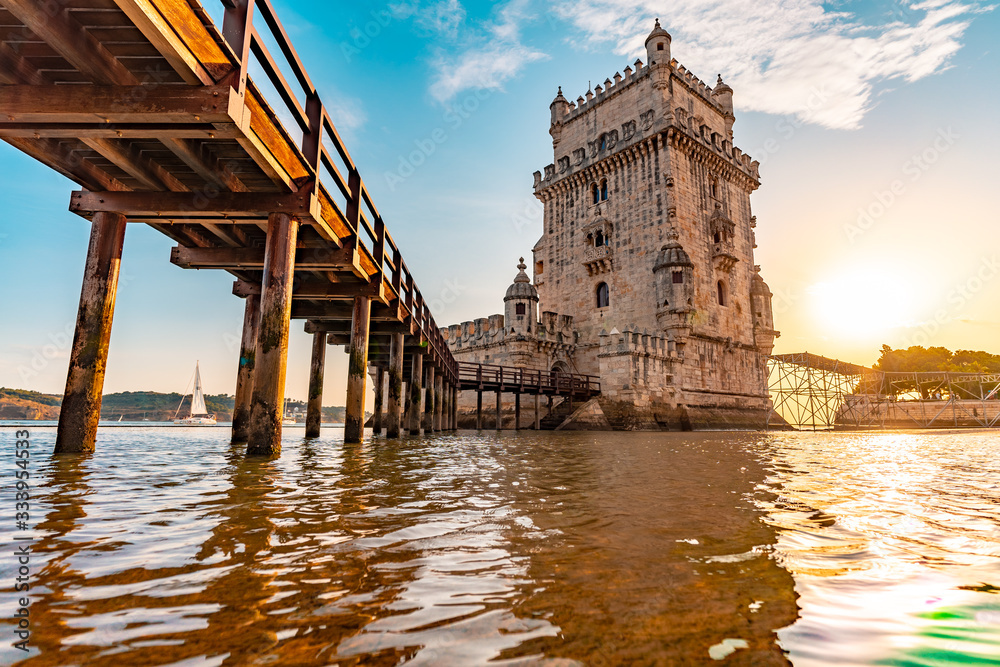Small bridge leading to tower of Belem in Lisbon