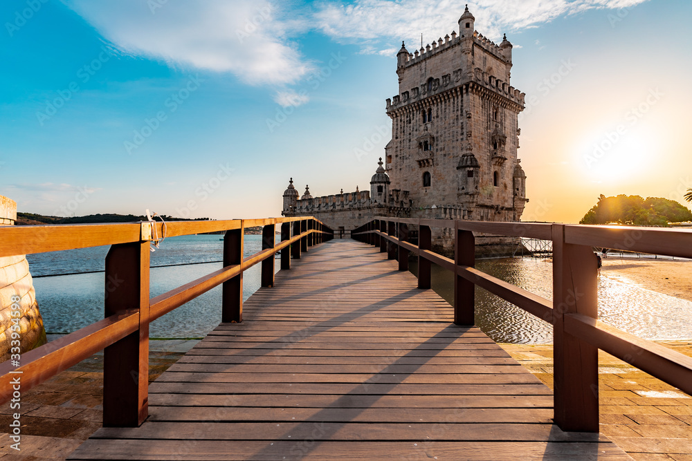 Small bridge leading to tower of Belem in Lisbon, Portugal