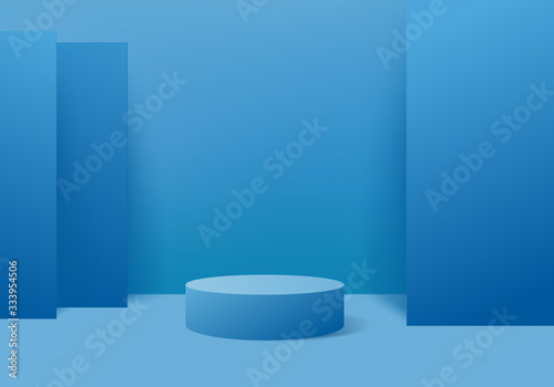 Background vector 3d blue rendering with podium and minimal blue wall scene, minimal abstract background 3d rendering abstract geometric shape blue pastel color. Stage for awards on website in modern.