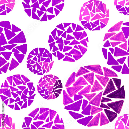 Creative seamless pattern with hand drawn circles with spots and triangles. G...