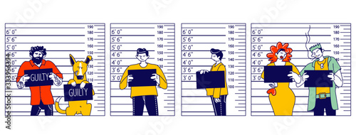 Characters Criminal Mugshot Front, Side View on Measuring Scale Background in Police Station. Arrested Men, Woman and Dog with Board Posing for Identification Photo. Linear People Vector Illustration