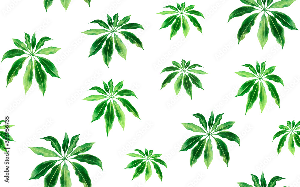 Watercolor painting green leaf seamless pattern background.Watercolor hand drawn illustration palm leaves tropical exotic leaf prints for wallpaper,textile Hawaii aloha jungle style pattern.