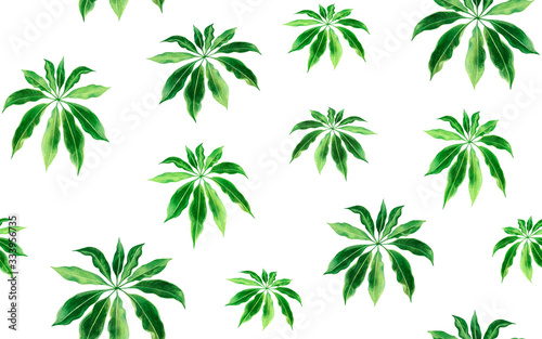 Watercolor painting green leaf seamless pattern background.Watercolor hand drawn illustration palm leaves tropical exotic leaf prints for wallpaper,textile Hawaii aloha jungle style pattern. © nongnuch_l
