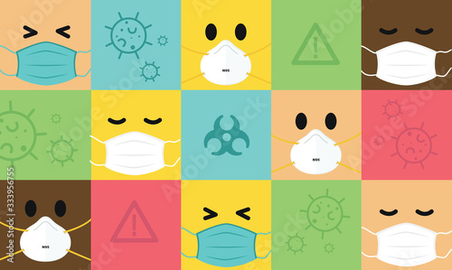 Coronavirus Covid-19 Emojis Emoticon background wall with N95 Face Mask 