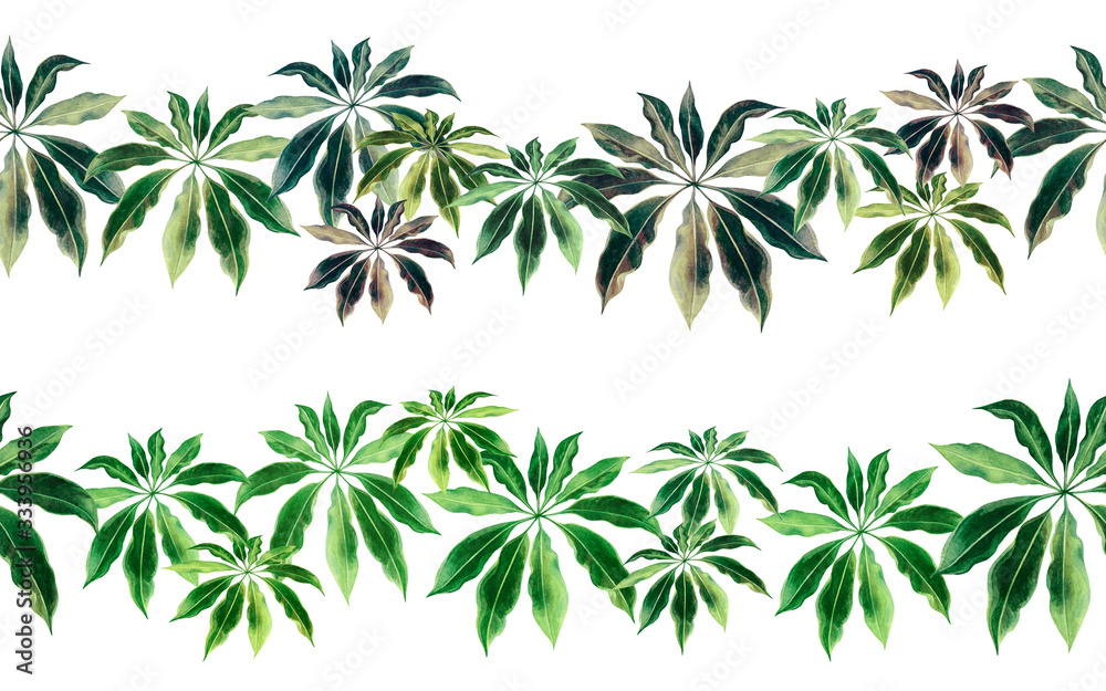 Watercolor painting colorful leaf seamless pattern background.Watercolor hand drawn illustration palm leaves tropical exotic leaf prints for wallpaper,textile Hawaii aloha jungle style pattern.
