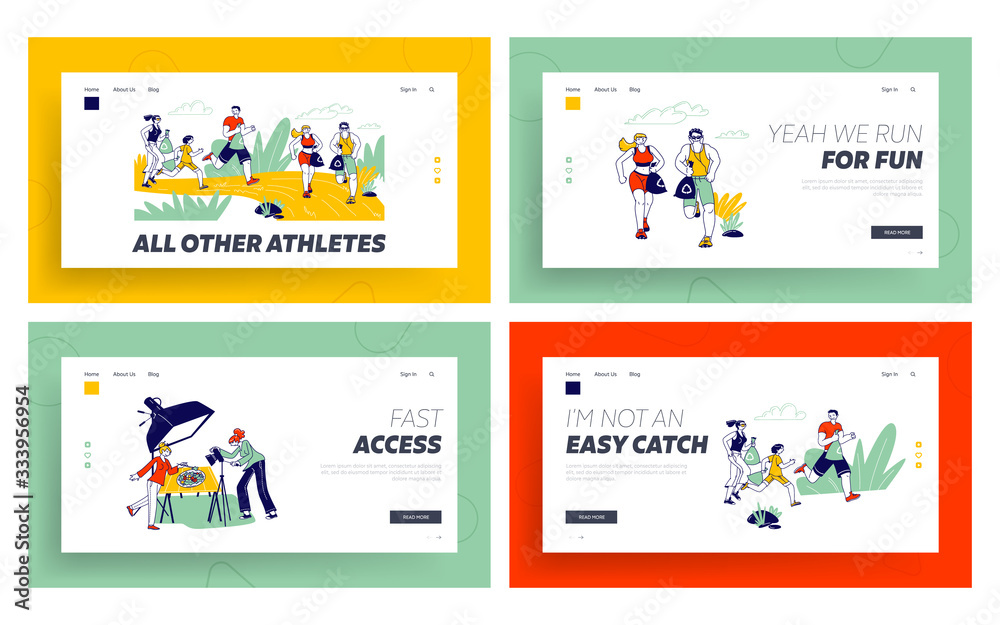 People Pick Up Garbage During Plogging Landing Page Template Set. Active Characters Run at City Park Cleaning Environment. Healthy Lifestyle, Sport and Ecology Protection. Linear Vector Illustration
