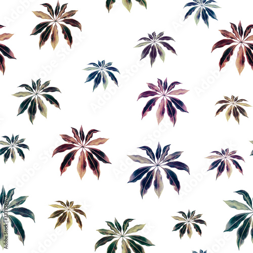 Watercolor painting colorful leaf seamless pattern on white background.Watercolor hand drawn illustration palm leaves tropical exotic leaf prints for wallpaper,textile Hawaii aloha jungle style patter © nongnuch_l