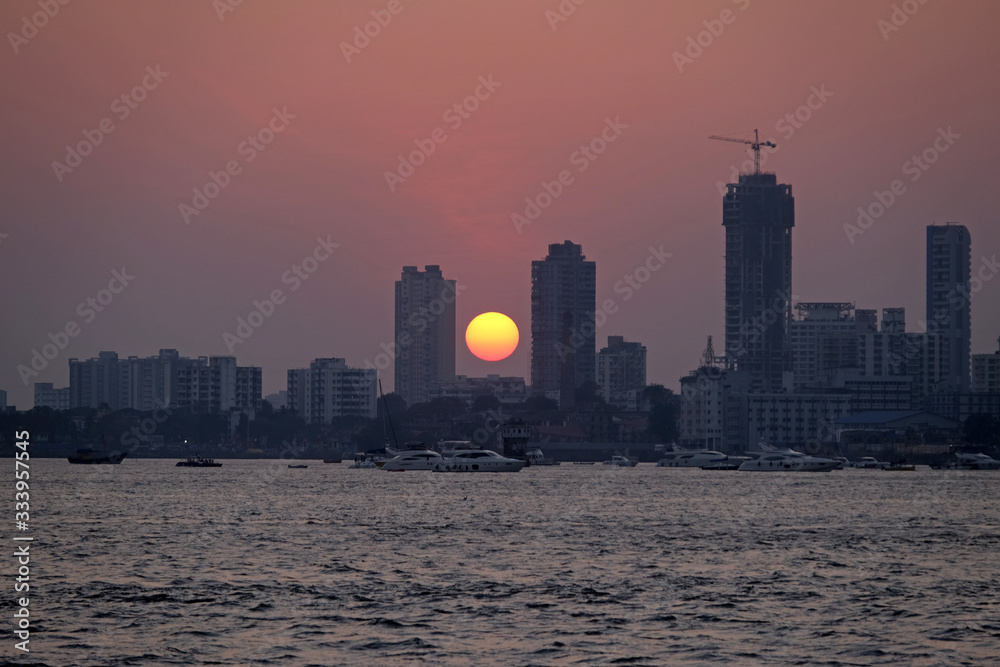 Mumbai downtown sunset cityscape, India